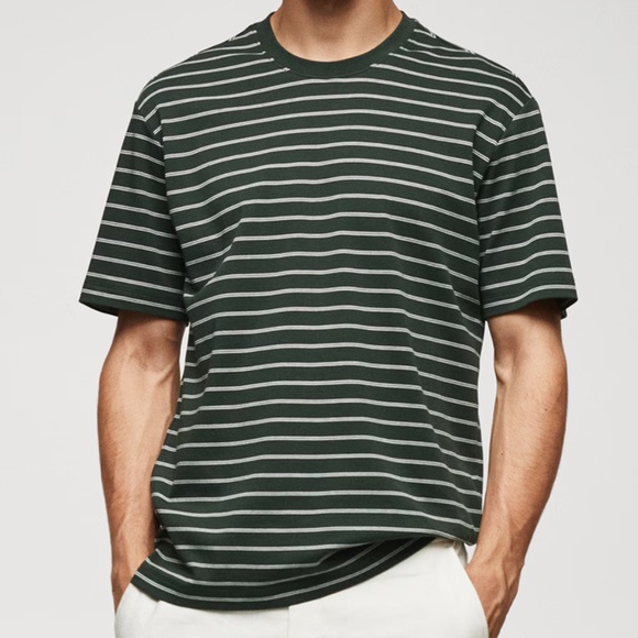MANGO Men's Striped 100% Cotton T-Shirt - Dark Green/White - Size Large - Picture 1 of 5